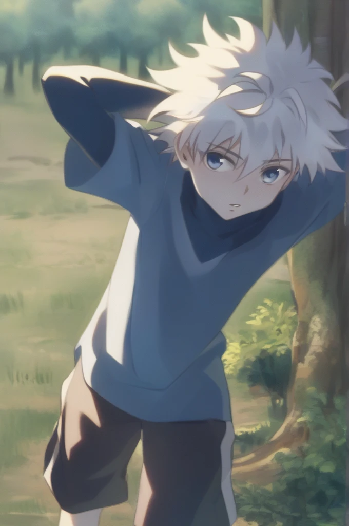 Killua_zoldyck, 1 boy, Alone, short hair, blue eyes, shirt,  hair between the eyes , white hair,  short sleeves ,  Male Focus , cowboy atirou, outdoor,  parted lips , shorts, is, arms above, tree,  looking to the side , blue shirt, spiky hair, t-shirt, arms behind head,  Male Child, score_8_above, Assessment_safe 