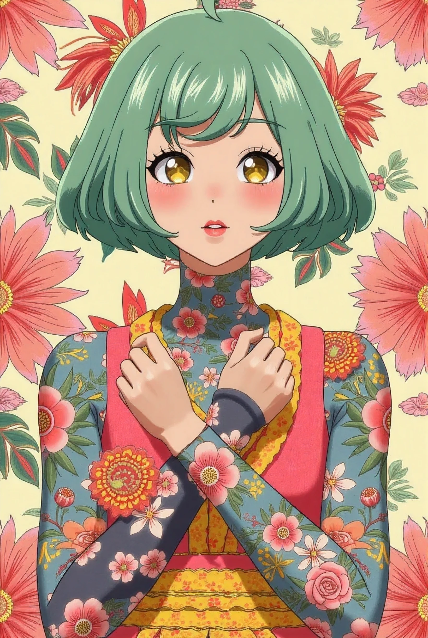 A mesmerizing surreal illustration of a young japanese woman. She has pastel green hair with blunt bangs, yellow eyes, and wears a vibrant pastel colored outfit adorned with intricate floral patterns. Freckles dot her smooth, warm complexion, and bold, colorful tattoos cover her arms and legs. The tattoos feature traditional Japanese motifs like flowers and mythical creatures, rendered with meticulous detail in a pastel color palette. The background is a vintage floral-patterned wallpaper that complements the artwork's colors. The line work is precise, with delicate shading that gives the illustration a 3D quality. The artwork fuses modern illustration techniques with traditional Japanese aesthetics, resulting in a visually striking, portrait,
