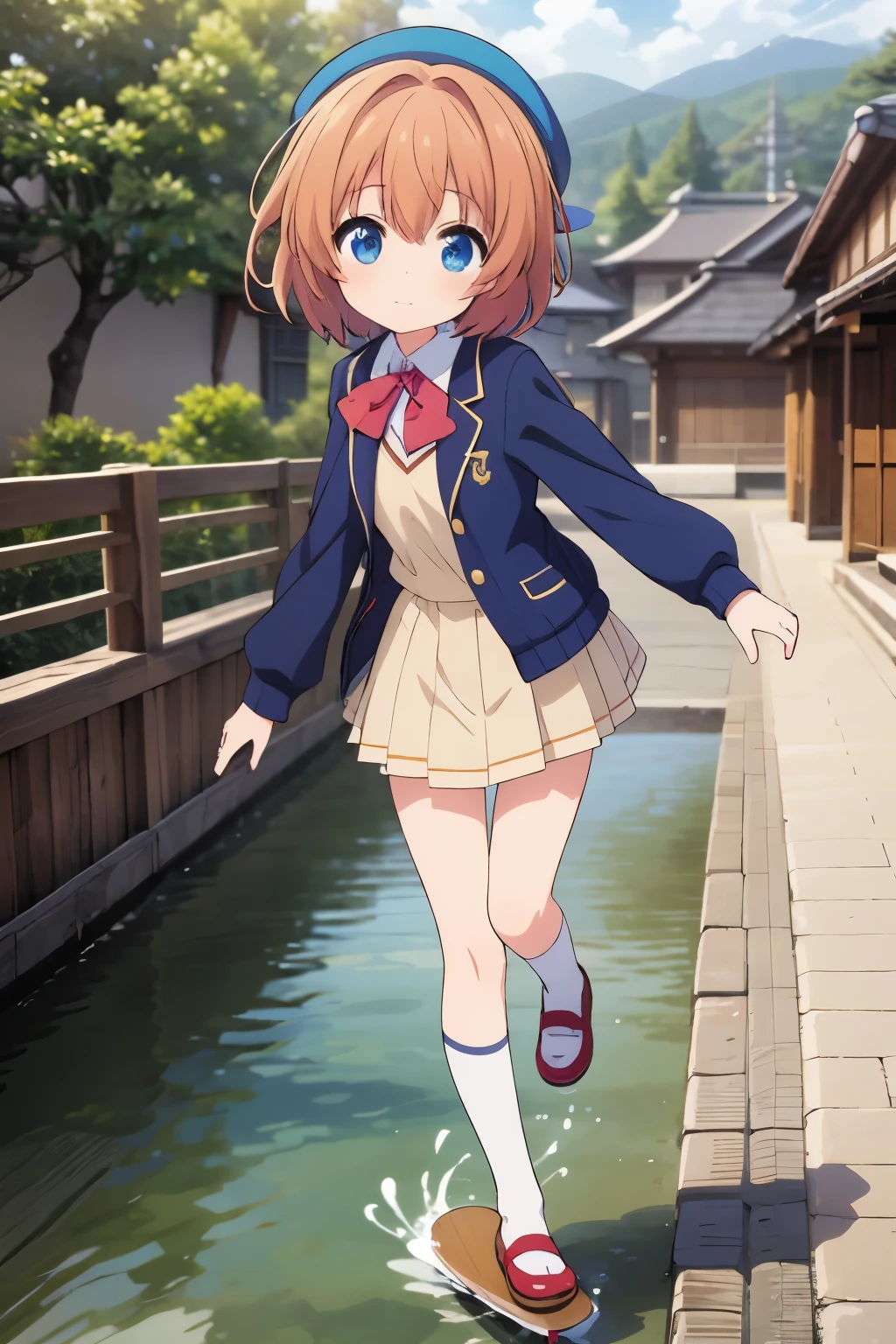 anime girl in a blue hat and school uniform riding a skateboard, the anime girl is running, in style of kyoto animation, anime visual of a cute girl, anime cgi style, kyoto animation, young anime girl, smooth anime cg art, anime girl walking on water, kyoto animation still, anime style. 8k, sayori, anime moe artstyle
