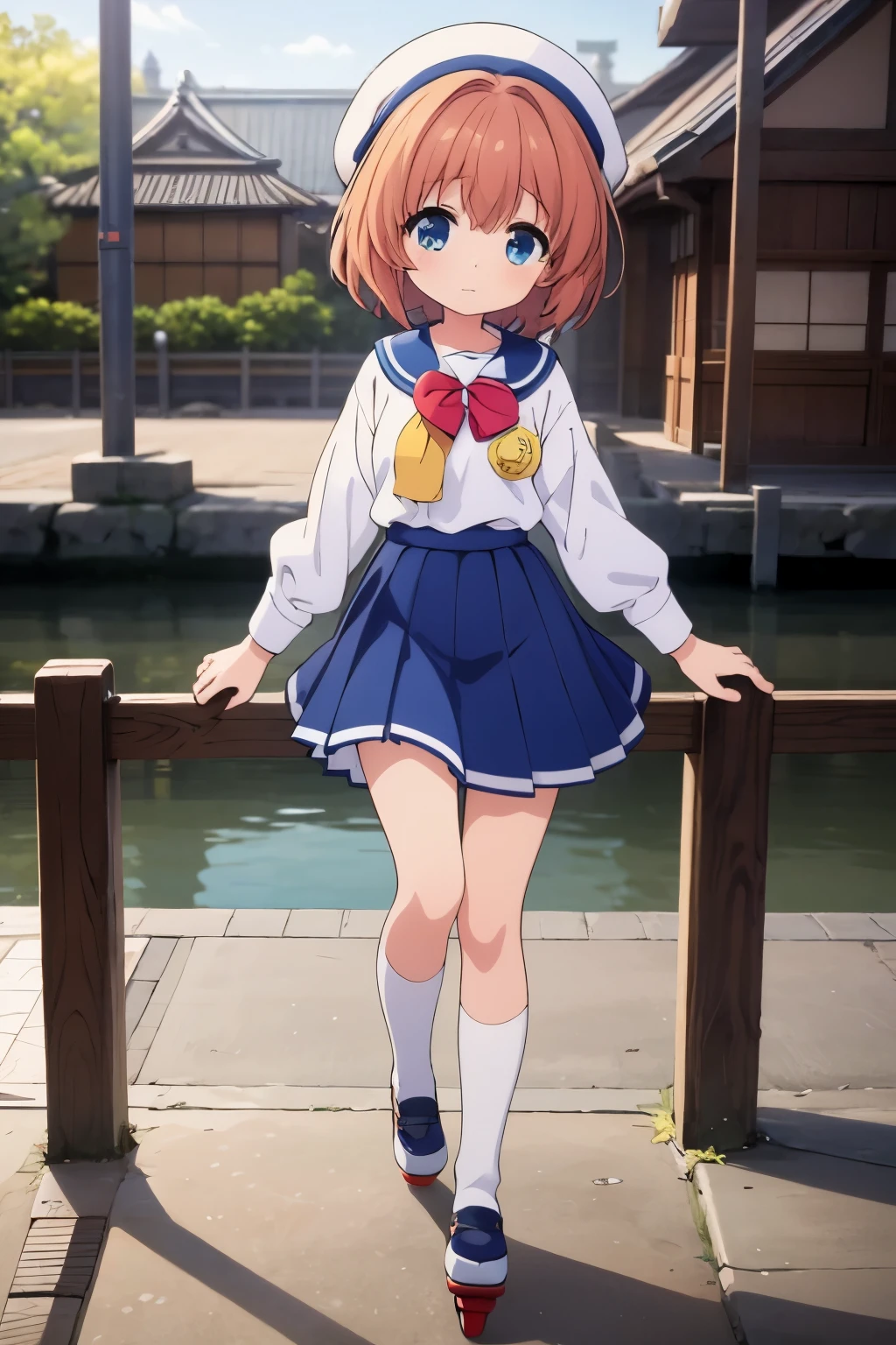 anime girl in a blue hat and school uniform riding a skateboard, the anime girl is running, in style of kyoto animation, anime visual of a cute girl, anime cgi style, kyoto animation, young anime girl, smooth anime cg art, anime girl walking on water, kyoto animation still, anime style. 8k, sayori, anime moe artstyle
