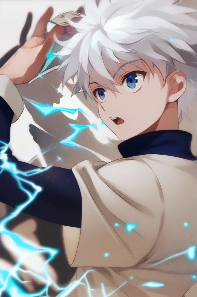 Killua_zoldyck, 1 boy, Alone,  looking at the spectator , short hair, open mouth, fringe, blue eyes, shirt,  long sleeves , white background,  hair between the eyes , aboveper body, white hair,  Male Focus , Looking back, electricity, magic,  Male child,a murderous look , score_8_above, Assessment_safe,l