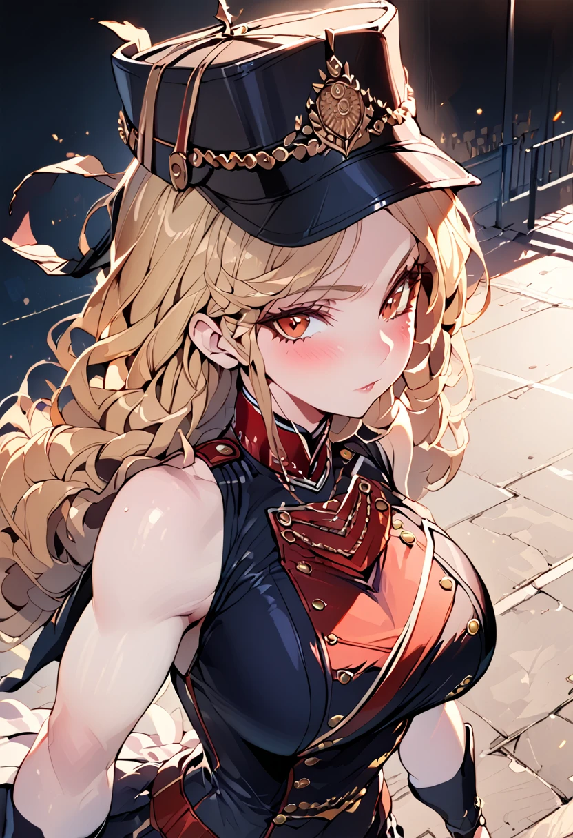 A woman, smooth skin, white skin, big eyes, long eyelashes , small torso, Wide hips, ( The best quality ),  masterpiece, blonde hair, Milf, mature woman, (Early Modern Soldier ) , ( she's wearing a military general's uniform), (She is wearing a bicorn hat), (ultra high Bloom), (High quality Shaders), (shadows), (Ultra shadow quality), (She's on the streets of London in 1850 ) 