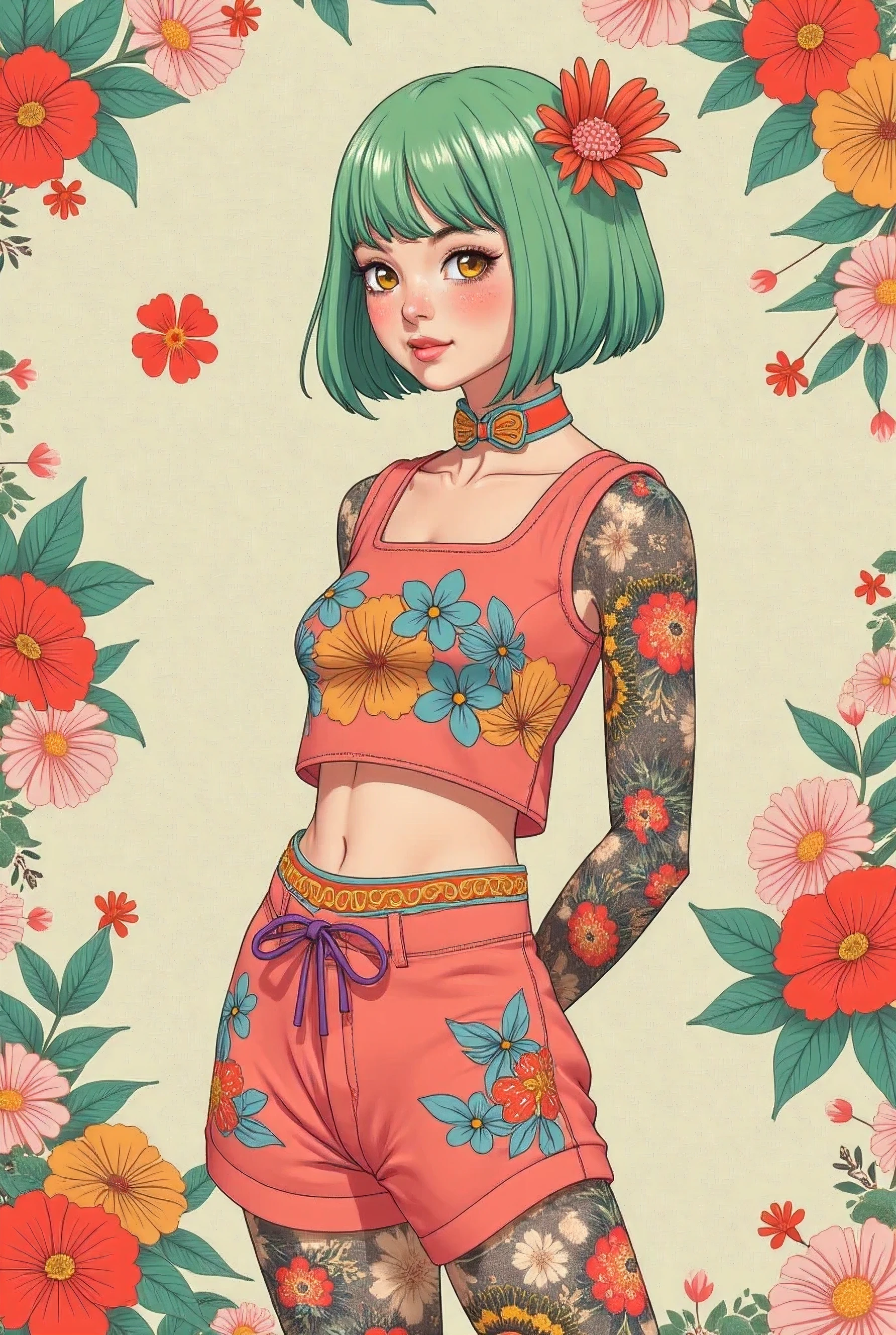 A mesmerizing surreal illustration of a young japanese woman. She has pastel green hair with blunt bangs, yellow eyes, and wears a vibrant pastel colored outfit adorned with intricate floral patterns. Freckles dot her smooth, warm complexion, and bold, colorful tattoos cover her arms and legs. The tattoos feature traditional Japanese motifs like flowers and mythical creatures, rendered with meticulous detail in a pastel color palette. The background is a vintage floral-patterned wallpaper that complements the artwork's colors. The line work is precise, with delicate shading that gives the illustration a 3D quality. The artwork fuses modern illustration techniques with traditional Japanese aesthetics, resulting in a visually striking, portrait, arms behind back, 
