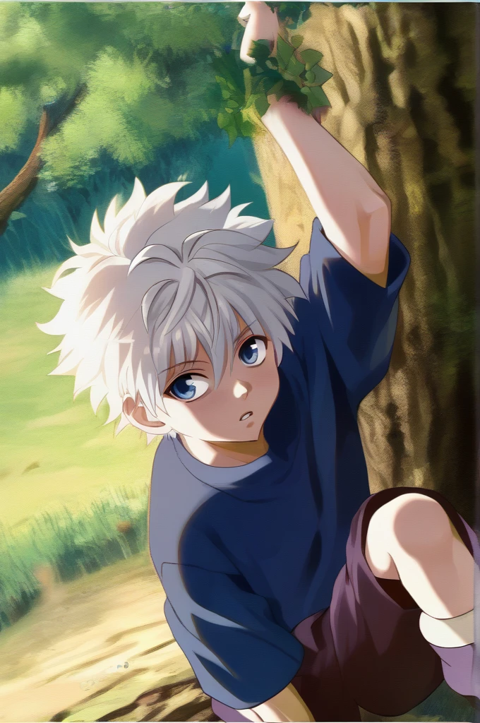 Killua_zoldyck, 1 boy, Alone, short hair, blue eyes, shirt,    hair between his eyes   , white hair,   short sleeves  ,   Male Focus  , cowboy atirou, open air,   parted lips  , shorts, is, arms above, tree,   looking to the side  , blue shirt, spiky hair, t-shirt,  arms behind the head,   Male child,killer look,penetrating look and deep , score_8_above, Assessment_safe 