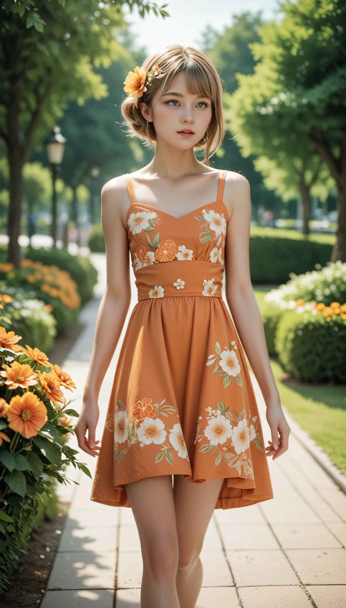  Girl with chestnut hair , Teenager, Age 19,   I'm wearing a light floral summer dress, Orange Flower Dress  , Walking in the park, Alone