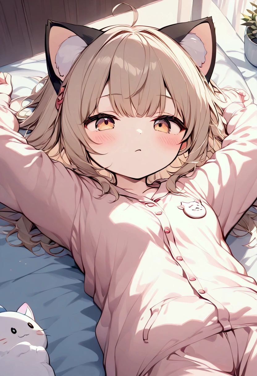 masterpiece, 2.5D,  Delicate and dynamic, Lying in bed,Light brown hair, cute girl with cat ears ,  wearing baggy pajamas, Soft and fluffy, Raising the upper body,  with her arms and hands spread wide , Fluffy, cute and pretty girl ,Puni Puni Body, Waking up, Morning Light, Detailed Background,（The charm of youth）