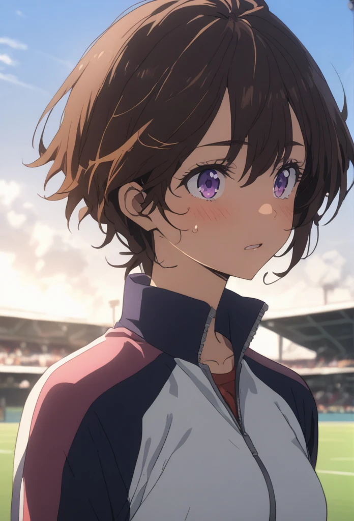 1 person、girl、Brown Hair、Purple eyes、Track and field uniform、Sunburn