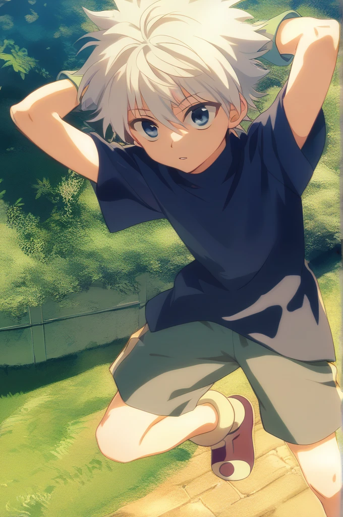 Killua_zoldyck, 1 boy, Alone, short hair, blue eyes, shirt,    hair between his eyes   , white hair,   short sleeves  ,   Male Focus  , cowboy atirou, open air,   parted lips  , shorts, is, arms above, tree,  penetrating eyes and backgrounds, blue shirt, spiky hair, t-shirt,  arms behind the head,   Male child, score_8_above, Assessment_safe 