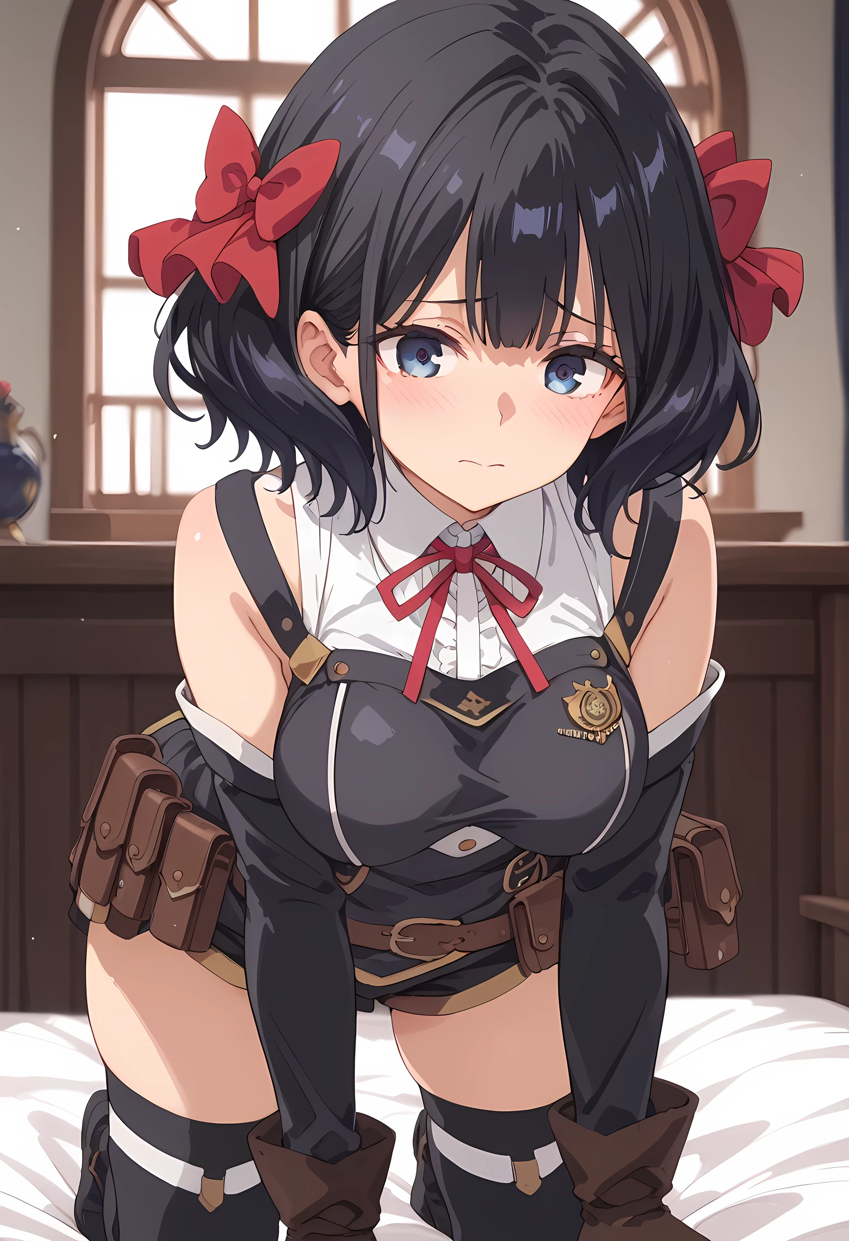 score_9, score_8_superior, score_7_superior, masterpiece, best quality, absurdres, high_fidelity, vibrant, sauce_anime, (rating_explicit:1.1), masterpiece, Highest quality, Adorable, TinoShade, medium hair, black hair, blue eyes, hair bow, red bow, white shirt, collared shirt, neck ribbon, red ribbon, harness, grey dress, black dress, short pants, detached sleeves, brown gloves, fingerless gloves, brown belt, belt pouch, black thighhighs, large breasts, Thick thighs, on all fours, upturned eyes, embarrassed, flushed cheeks