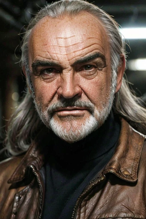 (Sean Connery)(((Close up head shot portrait))),(best quality,4k,Alto:1.2),ultra-detalhado,Realistic, photo,, black and gray hair, long hair, cowboy shot, (brown leather jacket:1.2),dark-skinned male, portrait, upper body professional, studio lighting, vivid colors, sharp focus, Physically-based rendering,HDR, extremely detailed eyes and face, Looking at the Viewer