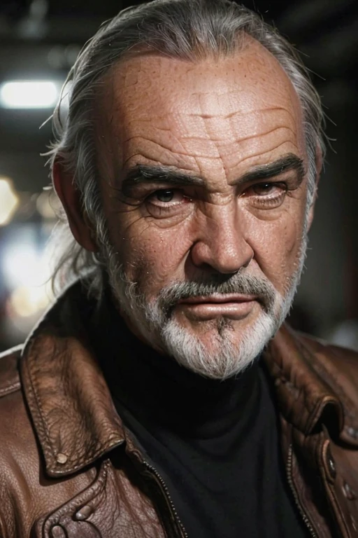 (Sean Connery)(((Close up head shot portrait))),(best quality,4k,Alto:1.2),ultra-detalhado,Realistic, photo,, black and gray hair, long hair, cowboy shot, (brown leather jacket:1.2),dark-skinned male, portrait, upper body professional, studio lighting, vivid colors, sharp focus, Physically-based rendering,HDR, extremely detailed eyes and face, Looking at the Viewer