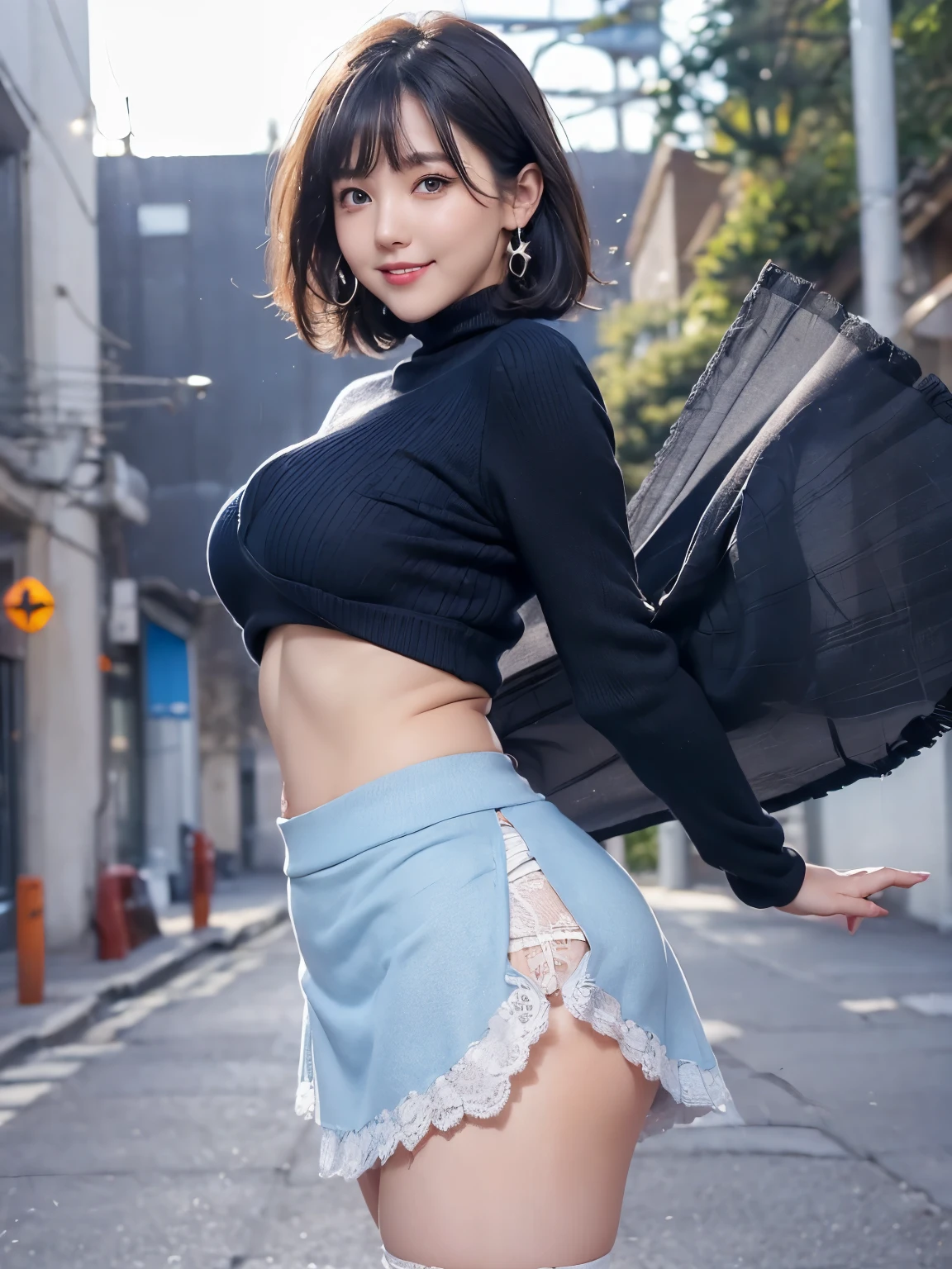 woman, 20-year-old, short black wavy hair、bangs、plump nipples、(White Turtleneck Knit)、(blue long skirt), black stockings dium milk, cute smile、((Pose that emphasizes the buttocks、looked back))、sexy hips、black high heels、big necklace、((((the wind blew my skirt, expose my panties...))))、(Light blue lace panties)、cute earrings、(Please tilt your head slightly), medium breast, show nipples, show vagina, open legs:1.5, wide open legs