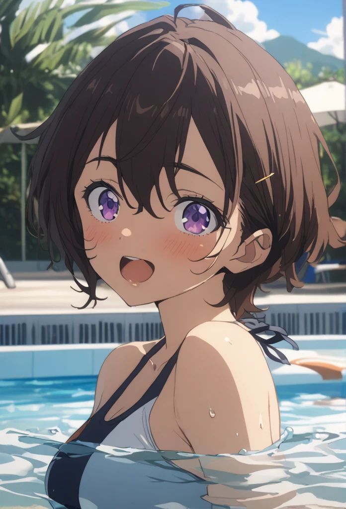 1 person、girl、Brown Hair、Purple eyes、Swimwear、Pool、Sunburn