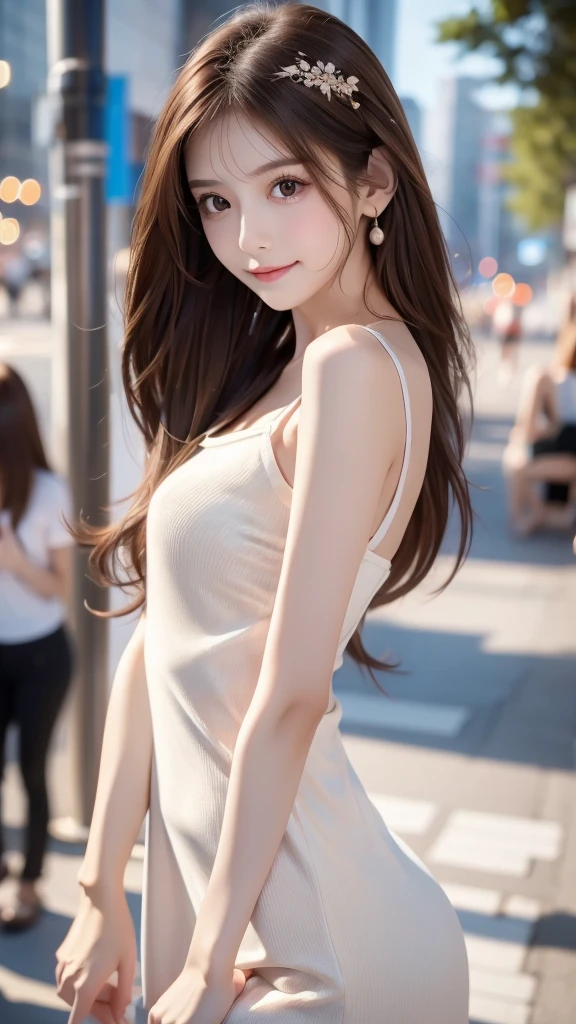 ８ｋ、High resolution、dress fashion、beautiful girl、Slender body:1.****ung、White skin,、Narrow eyes,High nose,Facial Lighting、Clear Image、Intellectual beauty、skinny、No makeup、smile、Facial Lighting,Shiny Hair、Monocular,Cute pose,Shooting from the side,child,Brown Hair,Narrow shoulders,,White Shoulders,White Arms,Thin arms:1.5,Small Ass:1.5,
