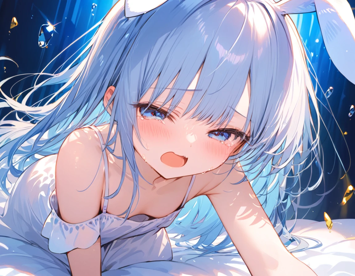 masterpiece, best quality, extremely detailed, (illustration, official art:1.1), 1 girl ,(((( light blue long hair)))), ,(((( light blue long hair)))),light blue hair, , long hair ((blush)) , cute face, big eyes, masterpiece, best quality,(((((a very delicate and beautiful girl))))),Amazing,beautiful detailed eyes,blunt bangs((((little delicate girl)))),tareme(true beautiful:1.2), sense of depth,dynamic angle,,,(((tareme))), (true beautiful:1.2),,(tiny 1girl model:1.2)(flat chest) 、one cute girl, bunny ears, white pajamas, crying and angry