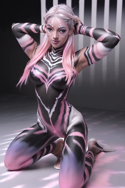 (SFW:1.3), High quality, Elf, (Full body black body paint:1.5), (Silver gradient paint towards the tip of the arms and legs:1.2), Black body paint, Face silver makes up, (Pink ombre stripe pattern body paint:1.5),  (White ombre stripe pattern body paint:1.5),Photorealistic, Bat feathers, silver hair, large breasts, realistic, kneeling, smile, blue eyes, bikini