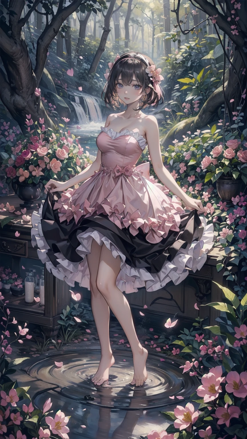 (pink strapless dress :1.5), 銀色の長いhair, black _ Hairbands, X-Shape _ Eyebrow, Hairbands, poe _ hair, 前hair, bare shoulders, Full Body Shot, black stockings, (Peach Blossom Forest:1.3)，Creek，barefoot，Soak your feet，
