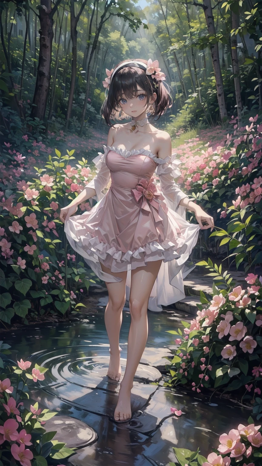 (pink strapless dress :1.5), 銀色の長いhair, black _ Hairbands, X-Shape _ Eyebrow, Hairbands, poe _ hair, 前hair, bare shoulders, Full Body Shot, black stockings, (Peach Blossom Forest:1.3)，Creek，barefoot，Soak your feet，
