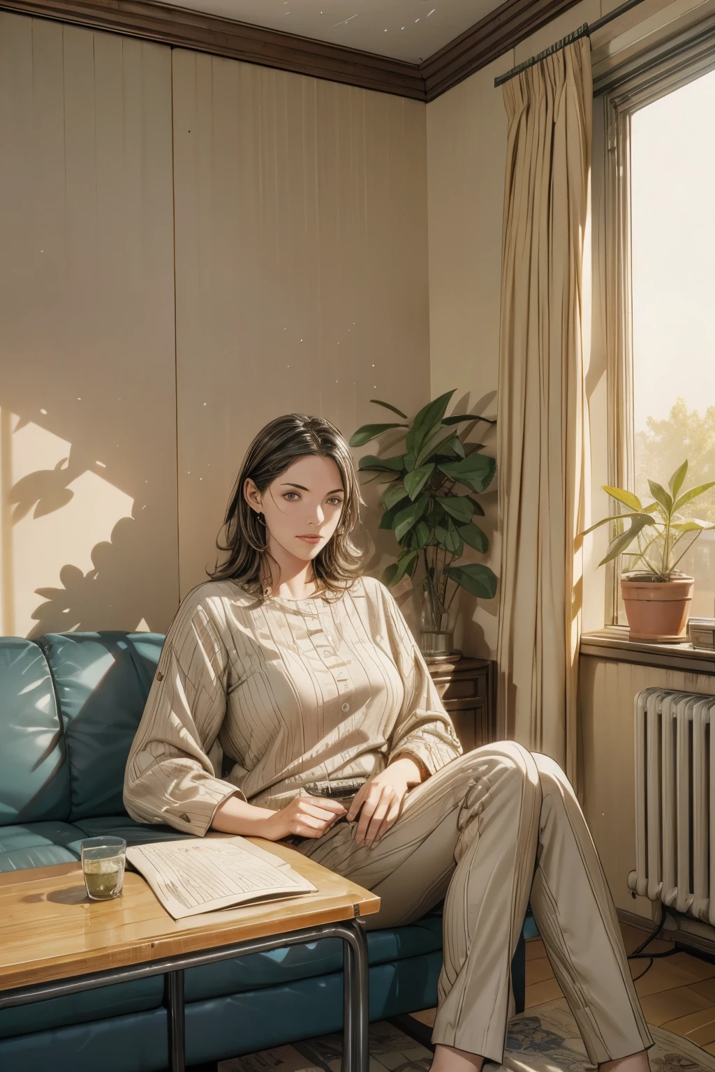 a living room interior with a cozy sofa, large windows with sunlight filtering through the curtains, a potted plant on a table, a bookshelf, a desk with a typewriter and desk lamp, a girl sitting on the sofa