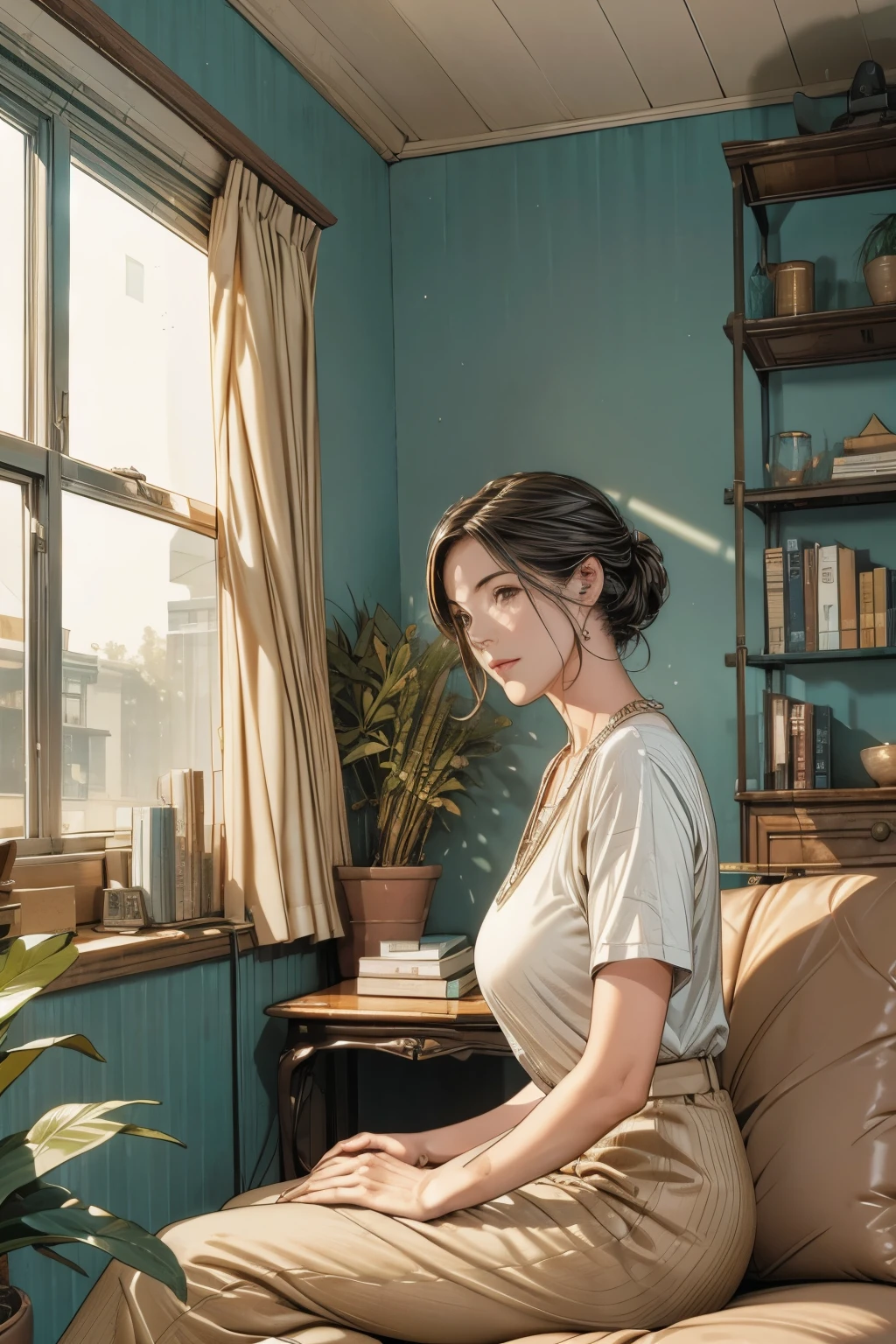 a living room interior with a cozy sofa, large windows with sunlight filtering through the curtains, a potted plant on a table, a bookshelf, a desk with a typewriter and desk lamp, a girl sitting on the sofa