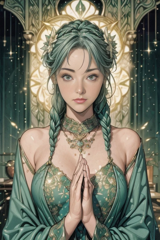 (masterpiece, Best Quality, Best Quality, Official Art, Beautiful and aesthetic:1.2), (One girl:1.3), (Fractal Art:1.3), card, Tarot, Green Hair, twin braids, Hair Flower, (Good lighting:1.1), ((High resolution)), Tarot card style