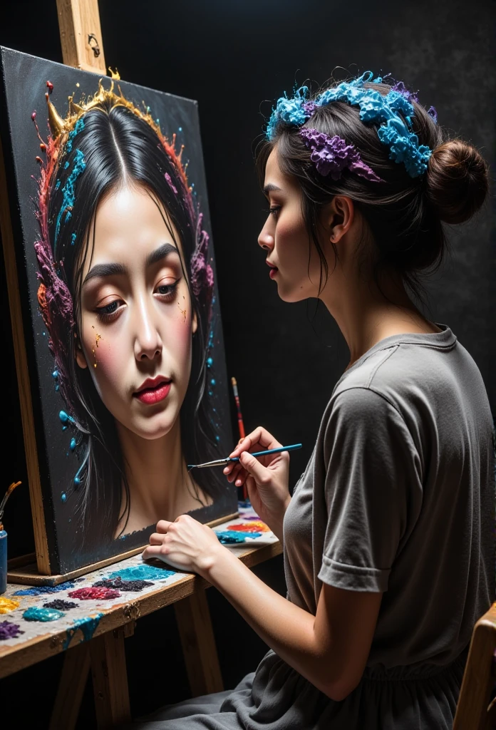 A beautiful female artist paints a large self-portrait in her dimly lit studio, surrounded by brushes and vibrant colors. Her calm, serene appearance contrasts with the dark, twisted, and distorted self-portrait she creates. The self-portrait is increasingly depressing, with dark, muted colors, chaotic brush strokes, and warped, distorted and melancholy features that reflect emotional pain, sadness, despair, mental illness, and inner turmoil. The atmosphere is heavy, the painting a symbol of her mental struggle.