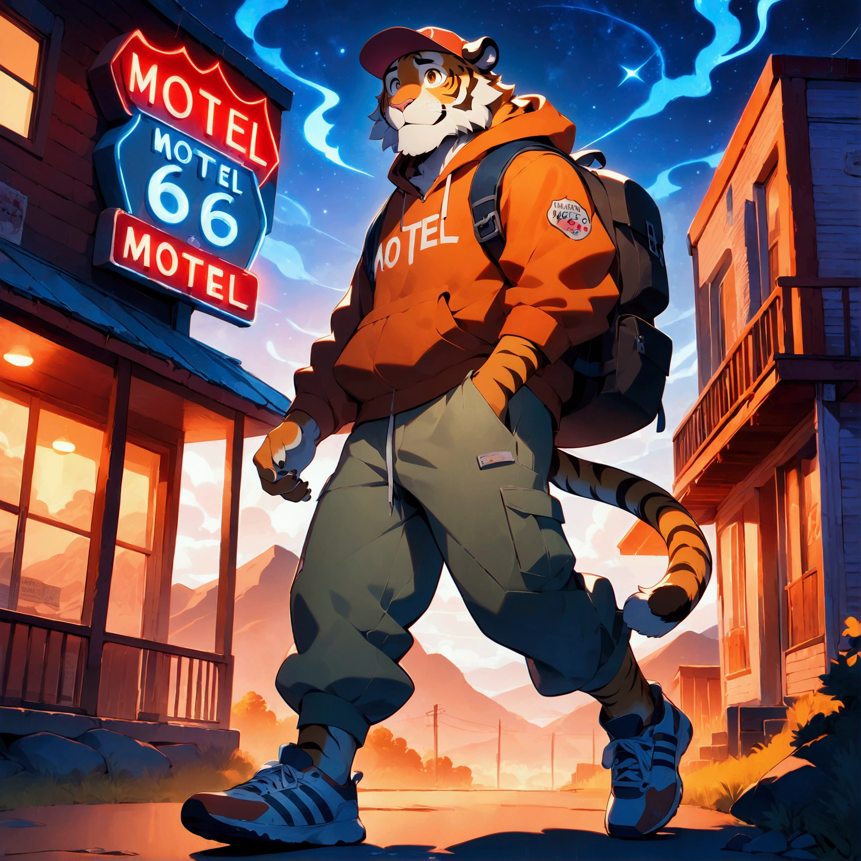 american country, backpacker, plump middle-aged tiger man, happy, little smile, backpack, baseball cap, costume, half pants, detailed sneaker, standing, hiking, dynamic pose, quantum electromagnetic life form night sky, location Route 66, motel, path, outdoor, detailed painting landscape, BREAK full body in Michelangelo Buonarroti style, digital illustration anime, character focus, full body, looking away, dynamic angle, BREAK detailed tiger tail, detailed sneaker, beautiful foot, detailed hands, 5fingers, 5fingers nails, BREAK aesthetic anime face, insanity detailed face, male face, big face, square jawline, aesthetic anime eyes, detailed brown eyes, detailed brown cornea, detailed dark brown irises, detailed pupils, male eyes, big eyes, male eyebrows, innocent look, beautiful beard, BREAK masterpiece, official art, best quality, very aesthetic, absurdres, super fine illustration, great quality, BREAK noise reduction, very highres, large filesize, high quality, 32K, 8k wallpaper, dynamic lighting, BREAK insanity detailed, ultra detailed, intricate details, extremely detailed, detailed texture, an extremely delicate and beautiful, full color, HDR, BREAK e621 illustration, Fur Affinity illustration, osukemo, kemohomo, anthropomorphic, furry, cartoon, harmonious eyes, pastoral body, virtuous face, nostalgic atmosphere 