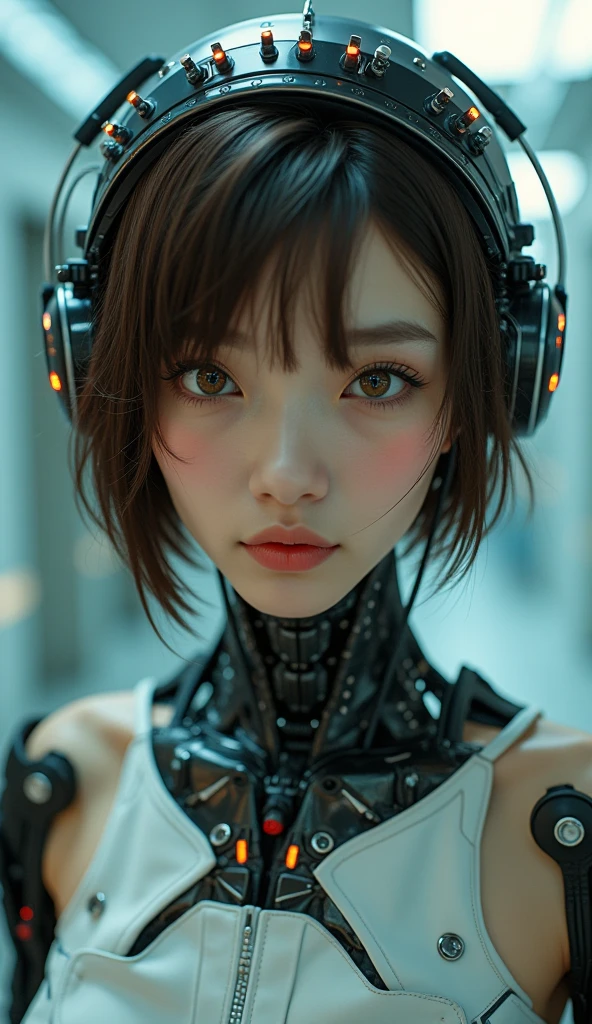 Perfect composition, Proper placement, Above the knee shot, (1.Mechanical Woman), Very beautiful Japanese women, Best Quality, masterpiece, Ultra-high resolution, (Realistic:1.4), Original photo, 1 Japanese woman, Brown Hair, Bobcut, Glowing Skin, glowing skin, Sharp focus, Mechanical helmet with LED lights, (Small LED), ((Ultra-Realistic Details)), Pouch, global illumination, Octane Rendering, 8k, Ultra Sharp, Huge, Bare skin with exposed collarbone, Metal, Intricate decorative details, Detailed depiction, Very intricate details, Realistic Light, CG Social Trends, Clear Eyes, Shining Eyes, Face Camera, Neon detailed mechanical limbs), (The blood vessels are connected to tubes that are mechanically attached to the vertebrae in the back, Mechanical cervical spine fixator, (Wiring and cables to the head), Gundam, Small LED, In a cyberpunk experimental facility, Mechanical Thighs, Tastock,