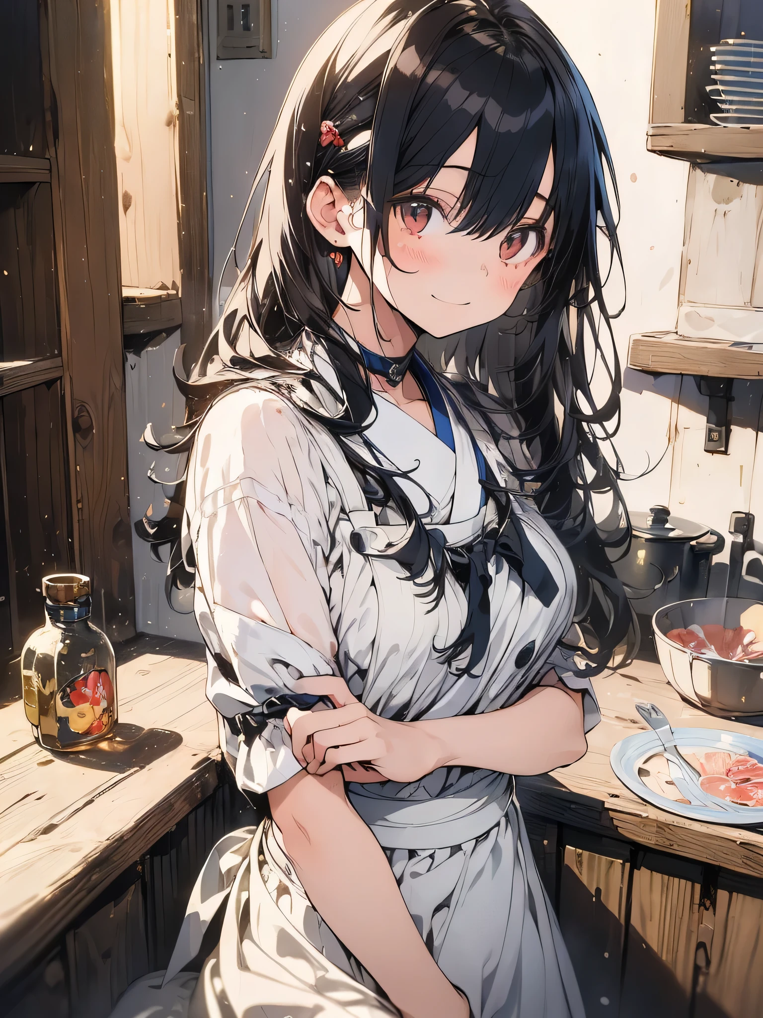 masterpiece, best quality, very aesthetic, absurdres, newest, 1girl, solo, asymmetrical bangs, tareme, blush, drunk, young adult, long black hair, sad eyes, gazing at family photo, melancholic expression, traditional Native American clothing, accessories, dimly lit room, (empty wine bottles), dark and oppressive atmosphere, neglected cluttered living space, Native American artifacts, sitting, upper body shot
