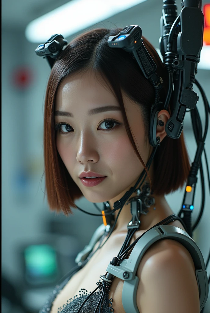 Perfect composition, Proper placement, Above the knee shot, (1.Mechanical Woman), Very beautiful Japanese women, Best Quality, masterpiece, Ultra-high resolution, (Realistic:1.4), Original photo, 1 Japanese woman, Brown Hair, Bobcut, Glowing Skin, glowing skin, Sharp focus, Mechanical helmet with LED lights, (Small LED), ((Ultra-Realistic Details)), Pouch, global illumination, Octane Rendering, 8k, Ultra Sharp, Huge, Bare skin with exposed collarbone, Metal, Intricate decorative details, Detailed depiction, Very intricate details, Realistic Light, CG Social Trends, Clear Eyes, Shining Eyes, Face Camera, Neon detailed mechanical limbs), (The blood vessels are connected to tubes that are mechanically attached to the vertebrae in the back, Mechanical cervical spine fixator, (Wiring and cables to the head), Gundam, Small LED, In a cyberpunk experimental facility, Mechanical Thighs, Tastock,