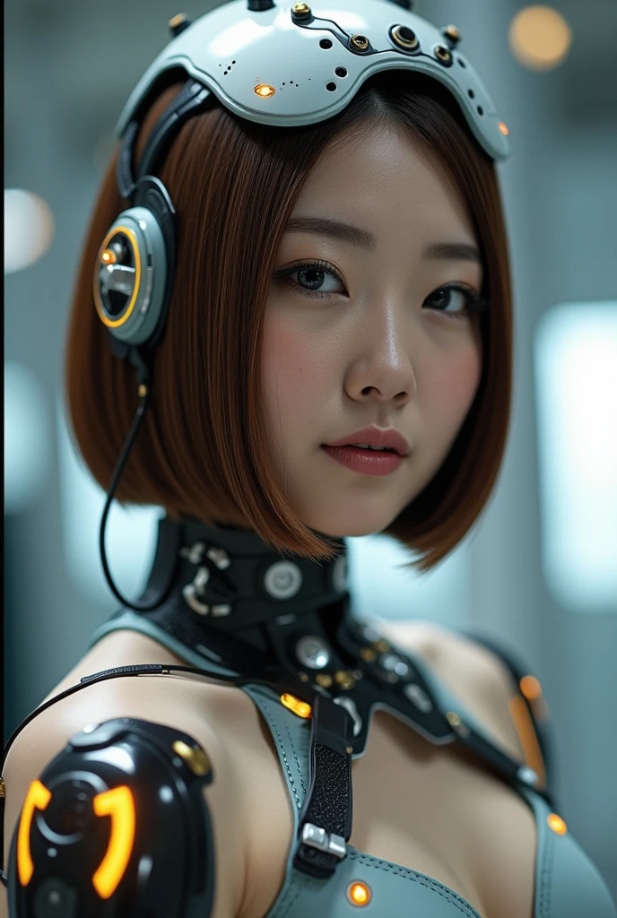 Perfect composition, Proper placement, Above the knee shot, (1.Mechanical Woman), Very beautiful Japanese women, Best Quality, masterpiece, Ultra-high resolution, (Realistic:1.4), Original photo, 1 Japanese woman, Brown Hair, Bobcut, Glowing Skin, glowing skin, Sharp focus, Mechanical helmet with LED lights, (Small LED), ((Ultra-Realistic Details)), Pouch, global illumination, Octane Rendering, 8k, Ultra Sharp, Huge, Bare skin with exposed collarbone, Metal, Intricate decorative details, Detailed depiction, Very intricate details, Realistic Light, CG Social Trends, Clear Eyes, Shining Eyes, Face Camera, Neon detailed mechanical limbs), (The blood vessels are connected to tubes that are mechanically attached to the vertebrae in the back, Mechanical cervical spine fixator, (Wiring and cables to the head), Gundam, Small LED, In a cyberpunk experimental facility, Mechanical Thighs, Tastock,