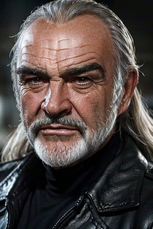 (Sean Connery)(((Close up head shot portrait))),(best quality,4k,Alto:1.2),ultra-detalhado,Realistic, photo,, black and gray hair, long hair, cowboy shot, (black leather jacket:1.2),dark-skinned male, portrait, upper body professional, studio lighting, vivid colors, sharp focus, Physically-based rendering,HDR, extremely detailed eyes and face, Looking at the Viewer