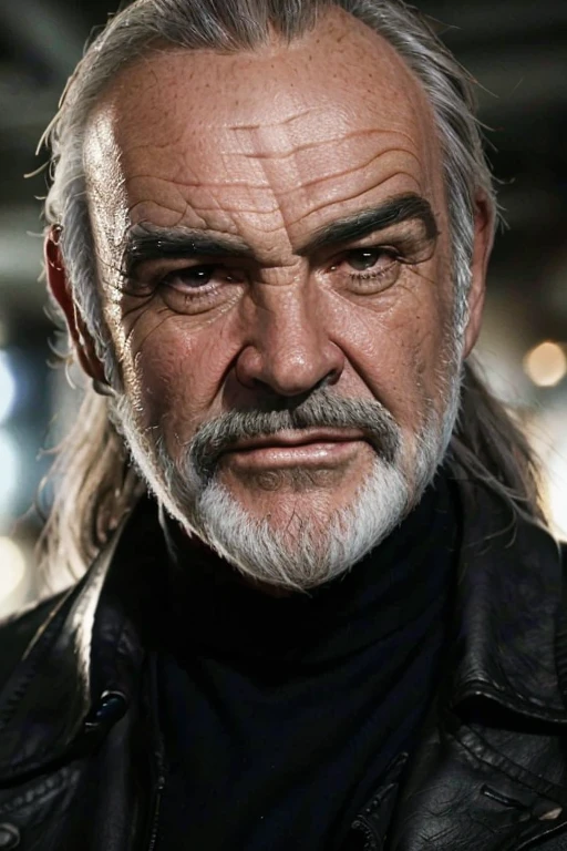 (Sean Connery)(((Close up head shot portrait))),(best quality,4k,Alto:1.2),ultra-detalhado,Realistic, photo,, black and gray hair, long hair, cowboy shot, (black leather jacket:1.2),dark-skinned male, portrait, upper body professional, studio lighting, vivid colors, sharp focus, Physically-based rendering,HDR, extremely detailed eyes and face, Looking at the Viewer