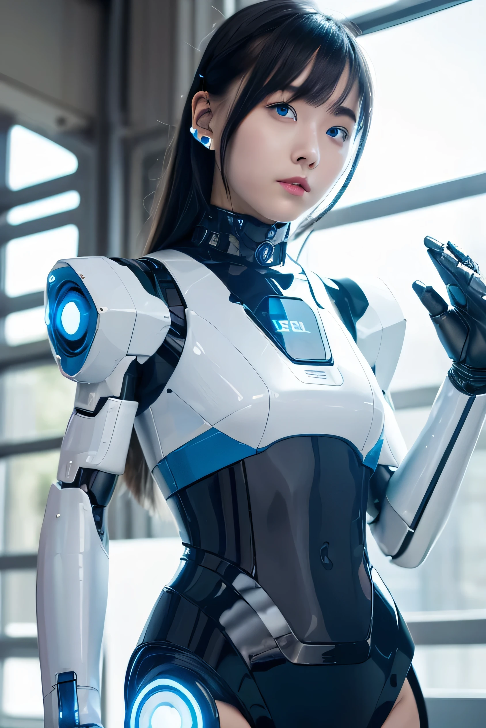 masterpiece, Best Quality, Extremely detailed, 8K Portrait,Japanese android girl,Plump ,control panels,android,Droid,Mechanical Hand, ,Robot arms and legs, Black hair,Mechanical body,Blunt bangs,White Robotics Parts,perfect robot woman,Charging spot,She is charging now,ceramic body ,Mechanical body, mechanical ear covers,android,robot humanoid,pantiy,Perfect machine body,White robot body,The laboratory of the future,android factory,White and light blue uniform,light blue accent costume,dark black tights,blue eyes