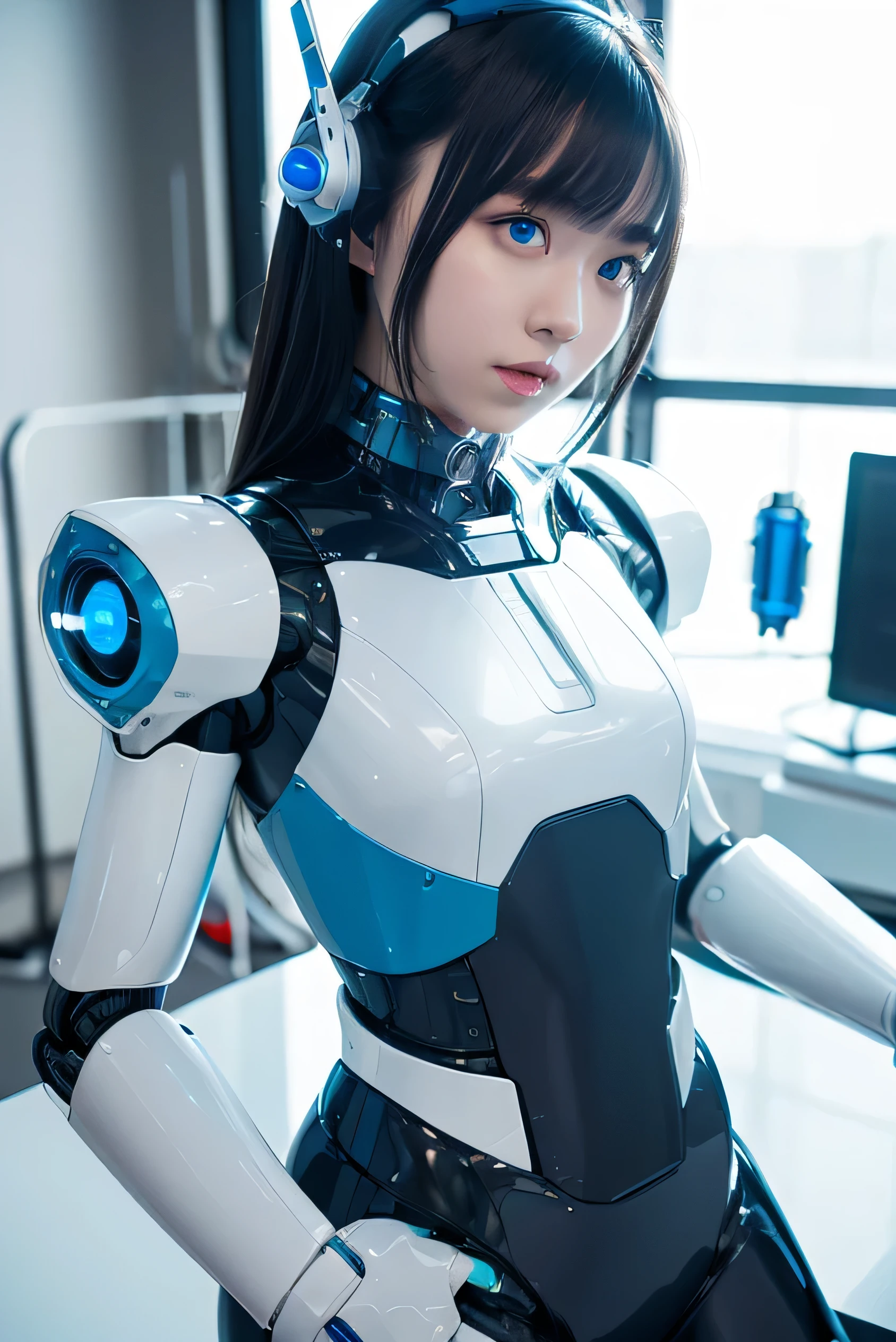 masterpiece, Best Quality, Extremely detailed, 8K Portrait,Japanese android girl,Plump ,control panels,android,Droid,Mechanical Hand, ,Robot arms and legs, Black hair,Mechanical body,Blunt bangs,White Robotics Parts,perfect robot woman,Charging spot,She is charging now,ceramic body ,Mechanical body, mechanical ear covers,android,robot humanoid,pantiy,Perfect machine body,White robot body,The laboratory of the future,android factory,White and light blue uniform,light blue accent costume,dark black tights,blue eyes