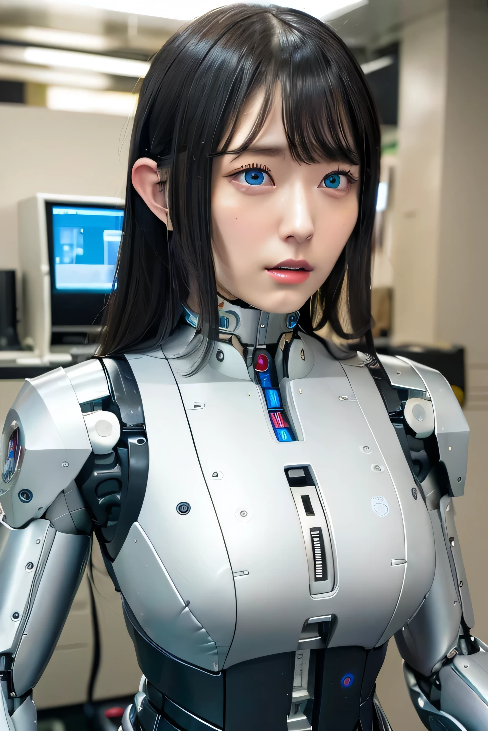 masterpiece, best quality, extremely detailed,  Japaese android girl,Plump , control panels,android,Droid,Mechanical Hand, Robot arms and legs, Black Robot Parts,Black hair,Mechanical body,Blunt bangs,White robotics parts,perfect robot girl,future information counter,reception,long tube,thick cable connected her neck,ceramic body ,mechanical body,mechanical costume,android,robot,humanoid,cyborg,information office,japanese android receptionist ,mechanical chest,blue eyes,office-lady