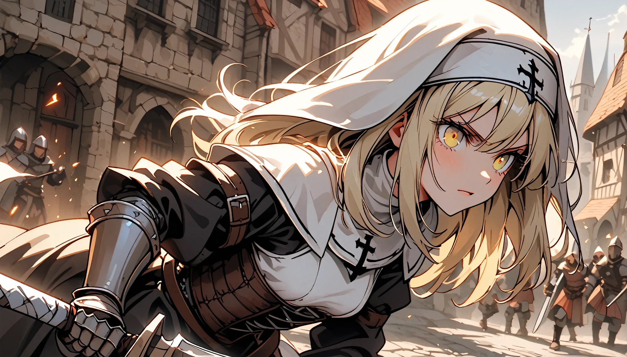 solo, female, close up, nun habit, armor, knight, armor corset, thigh boots, kuudere, medium breasts, medium straight hair, platinum blonde, light yellow eyes, stoic, cute hair bow, holding huge sword, medieval, town, sternfighting, 