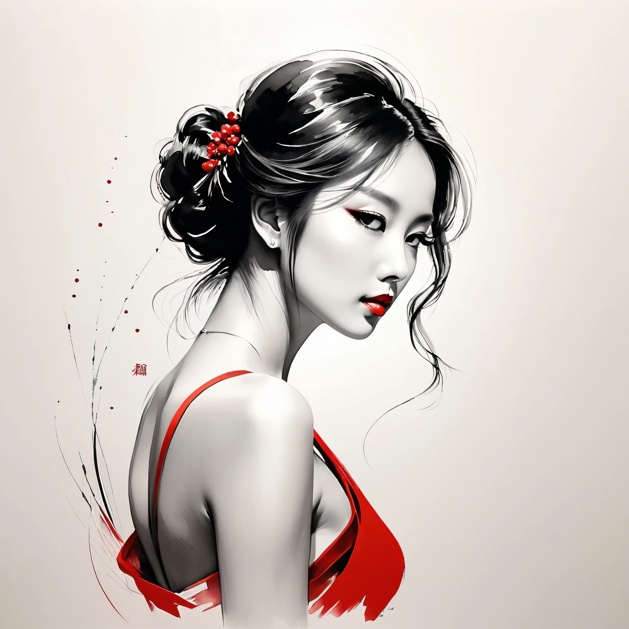 elegant maiden,black and white水墨画,pen sketch drawing,loose brushstrokes, The pen outlines delicate lines,fluid action,subtle ink tones,elegant posture,A peaceful expression,delicate facial features,black and white,clean, small red color .