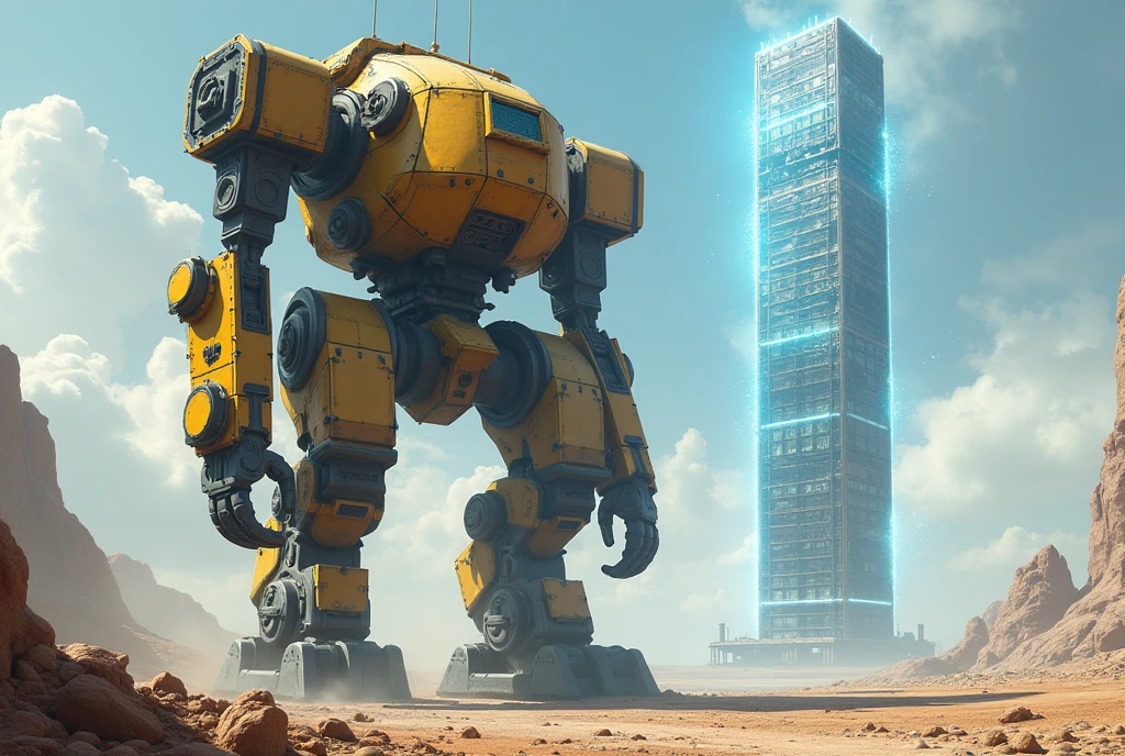 An enormous construction mech towering over a desolate wasteland, slowly builds a colossal tower from blocks of shimmering energy, its mechanical limbs moving with surprising delicacy as it places each piece into the air.