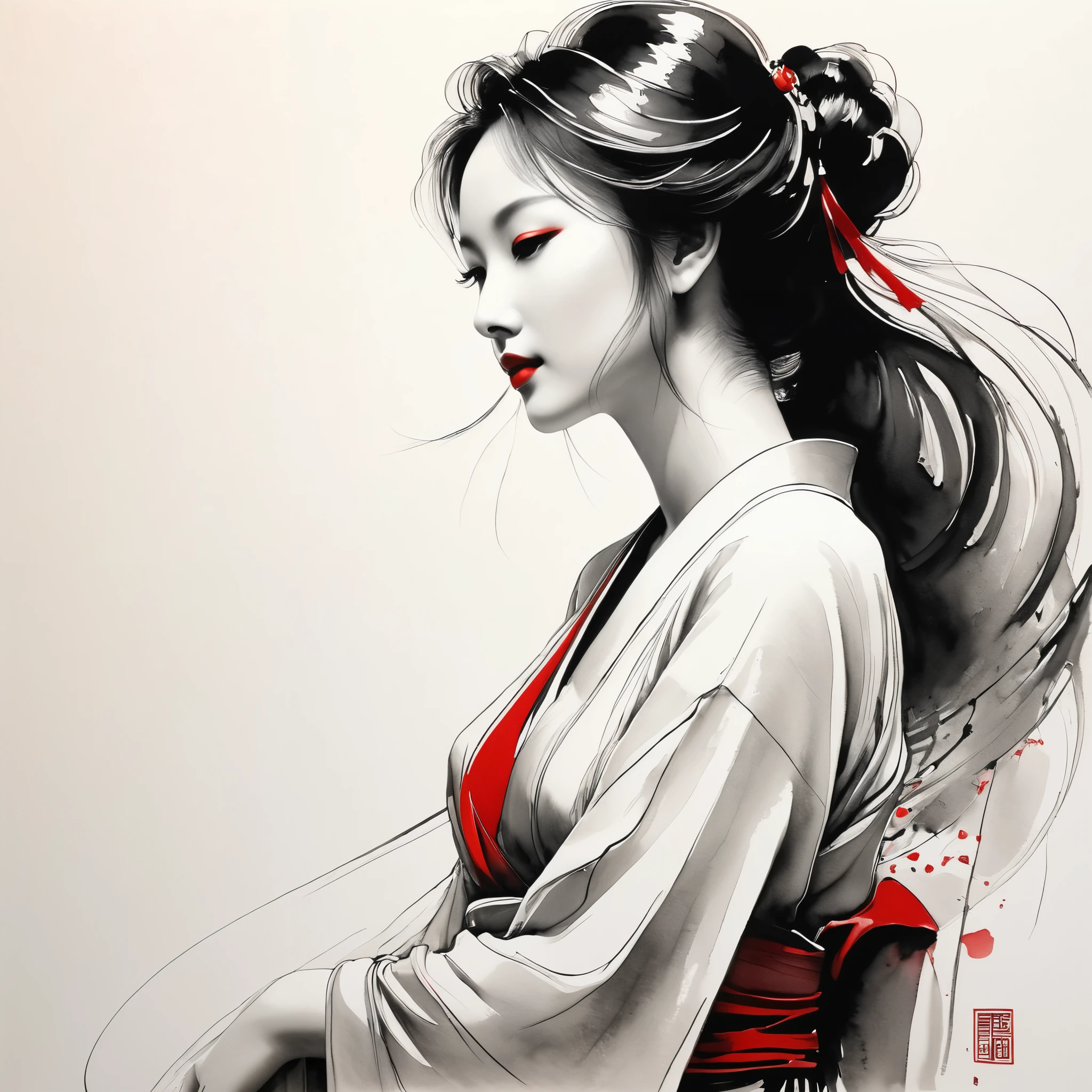 elegant maiden,black and white水墨画,pen sketch drawing,loose brushstrokes, The pen outlines delicate lines,fluid action,subtle ink tones,elegant posture,A peaceful expression,delicate facial features,black and white,clean, small red color .