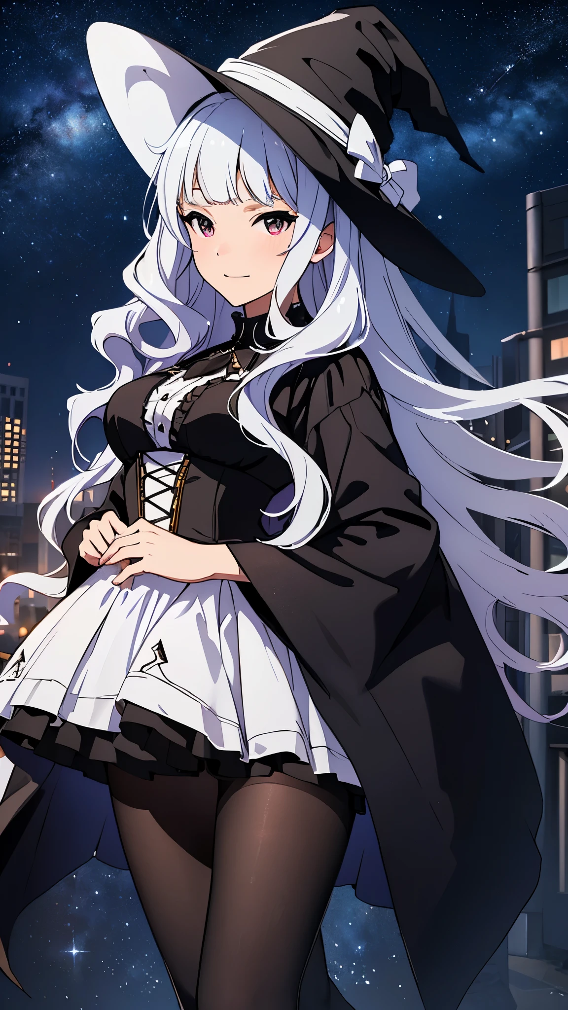 beautiful woman, witch, takane shijou, long white hair, white skin, looking at the viewer, witch's tricorn hat, black dress, (black pantyhose: 1.2), feminine, full body, she is floating in the sky, (Spectacular starry sky with the Milky Way visible), nebula, night, (beautiful full moon), (low angle, view from below, A picture that looks like a movie advertisement), CG, unity, 8k, wallpaper, highest quality, masterpiece, best lighting, complex pupils, complex textile, realistic texture, detailed background