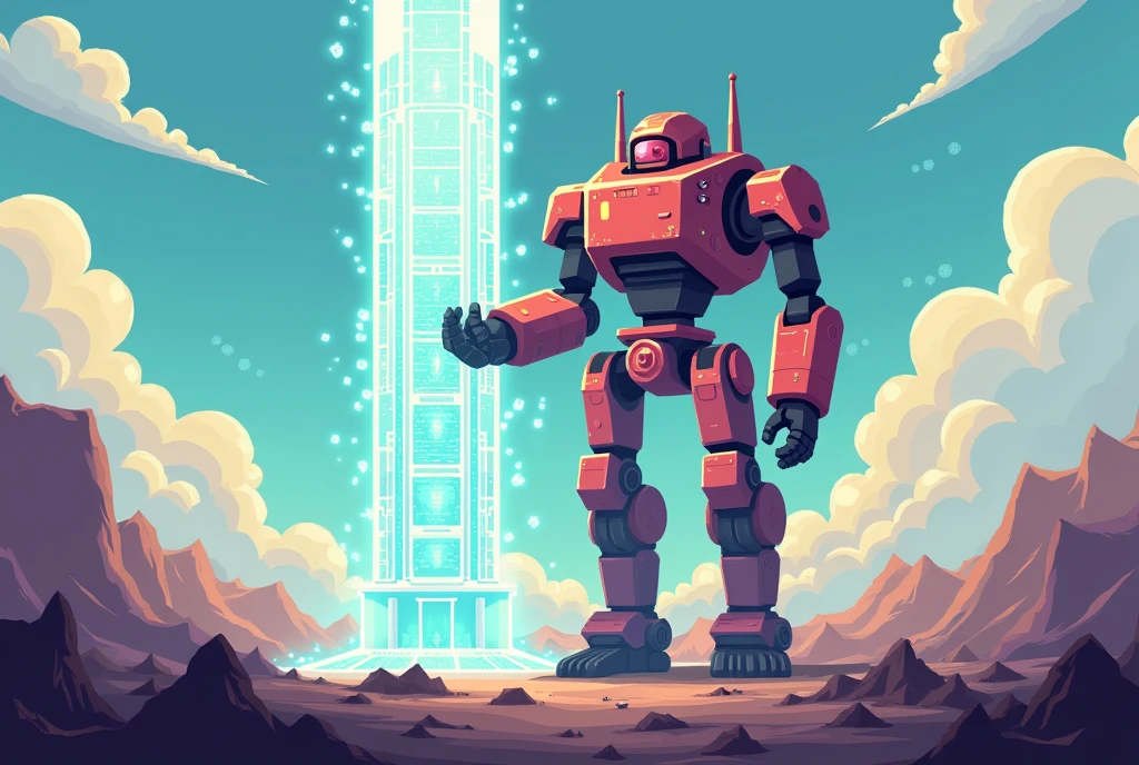 Cute pixel style, enormous construction mech towering over a desolate wasteland, slowly builds a colossal tower from blocks of shimmering energy, its mechanical limbs moving with surprising delicacy as it places each piece into the air.