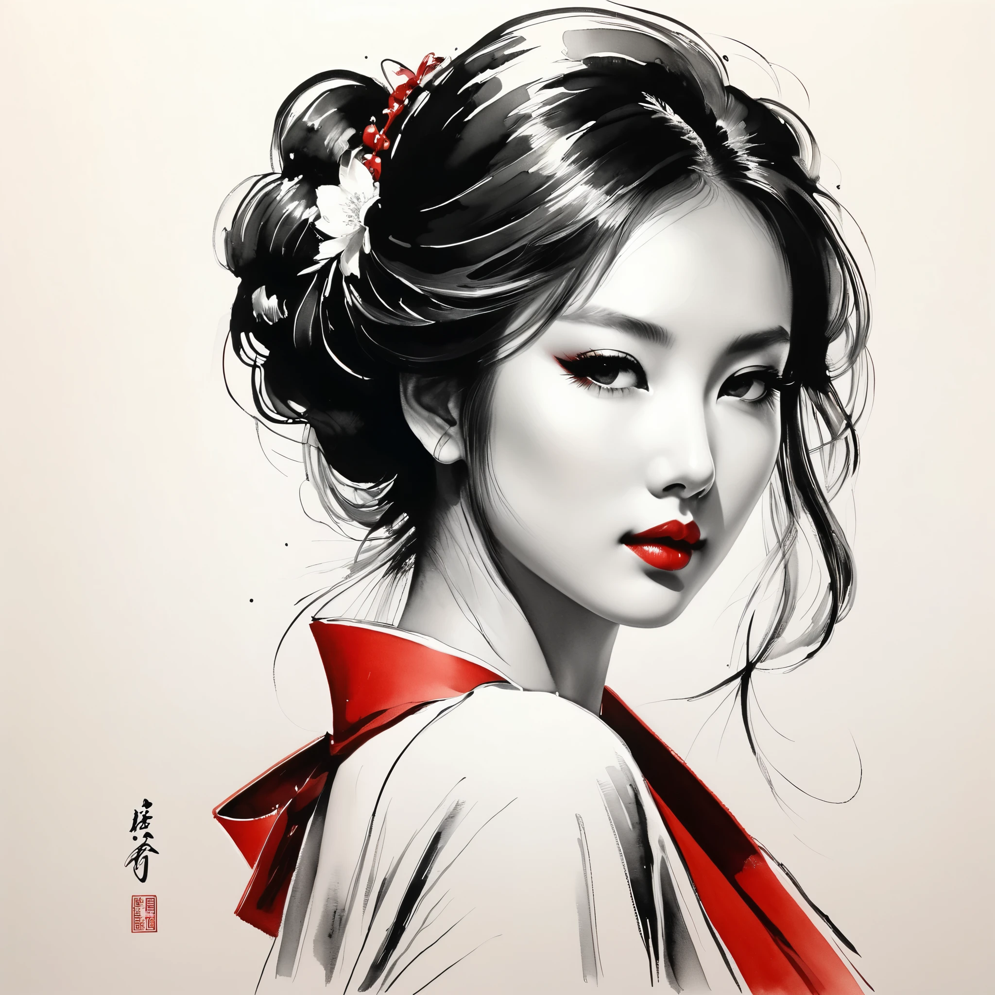 elegant maiden，black and white水墨画，pen sketch drawing，loose brushstrokes， The pen outlines delicate lines，fluid action，subtle ink tones，elegant posture，A peaceful expression，delicate facial features，black and white，clean, small red color .