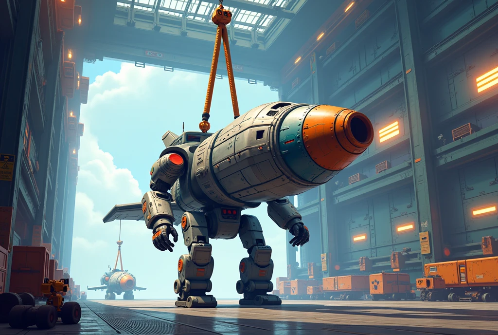 Cute pixel style, heavy-lifting robot equipped with massive clamps, hoists a half-finished spaceship into the air, the metal parts glinting under the harsh industrial lights of a futuristic hangar as robotic arms assemble it mid-air.