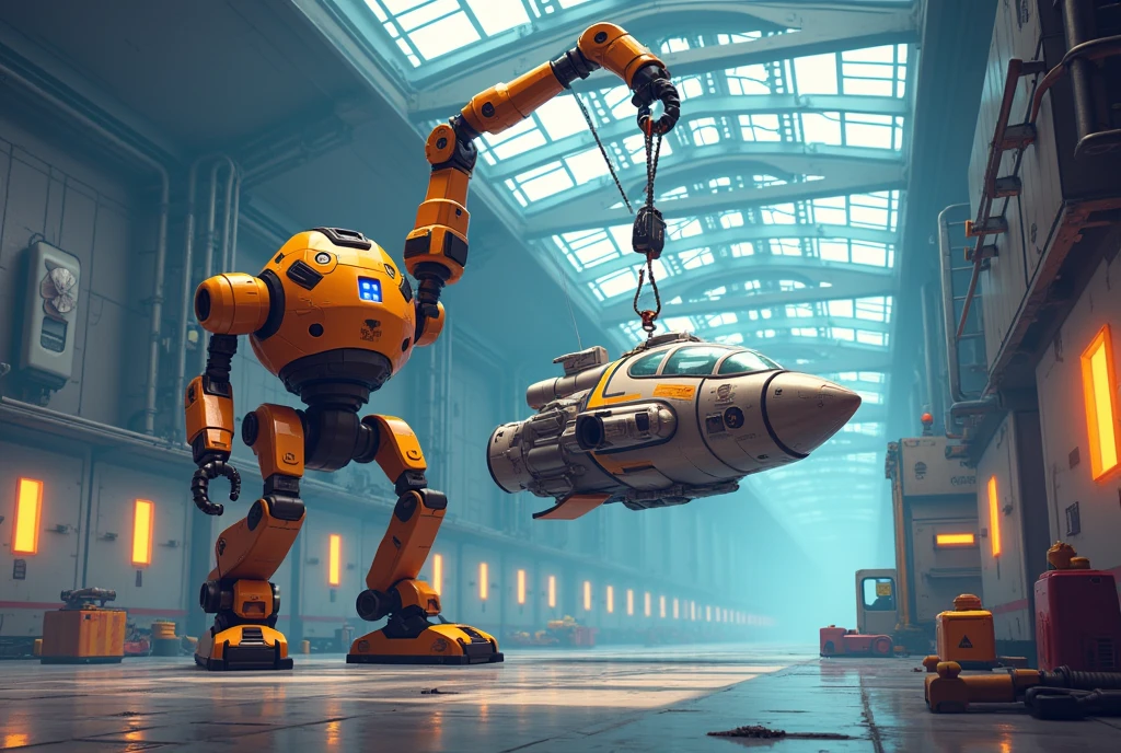 Cute pixel style, heavy-lifting robot equipped with massive clamps, hoists a half-finished spaceship into the air, the metal parts glinting under the harsh industrial lights of a futuristic hangar as robotic arms assemble it mid-air.