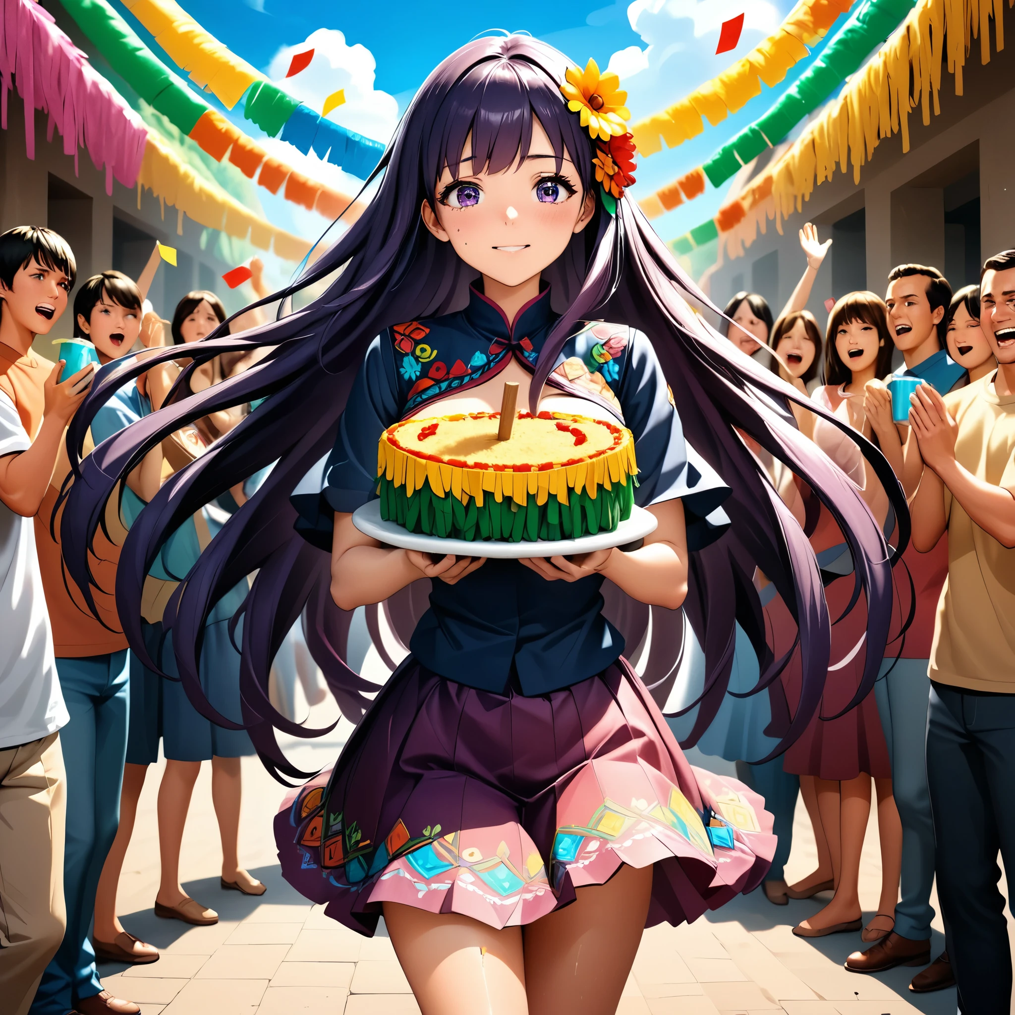 Masterpiece, 4k, HDR, full HD, (best quality), (ultra detailed), (only), (extremely delicate and beautiful fabric), super complex ANIME TYPE, best quality, 1girl, very expressive eyes, deep purple hair , hyper beautiful face, purple hair, perfect anatomy, shiny, oily skin, full body, alone (shiny purple hair, long hair), looking at viewer, bright blue eyes, perfect hands, perfect legs, super detailed clothes, intricate clothes,
At a vibrant and colorful Mexican fiesta, a young woman with long, dark hair stands in the center of attention, holding a wooden stick firmly. Wearing an embroidered blouse and sparkly skirt, her expression reflects enthusiasm and determination. The piñata, hanging high above, it is decorated with brightly colored confetti, waiting to be torn. Around it, friends and family cheer with shouts of encouragement, holding plates of typical food and refreshing drinks. The atmosphere is permeated with traditional music, laughter and the aroma of tacos. The girl takes a deep breath, takes a turn and, with a well-aimed blow, the piñata explodes, dropping sweets and surprises, while everyone bursts into cheers and applause.
