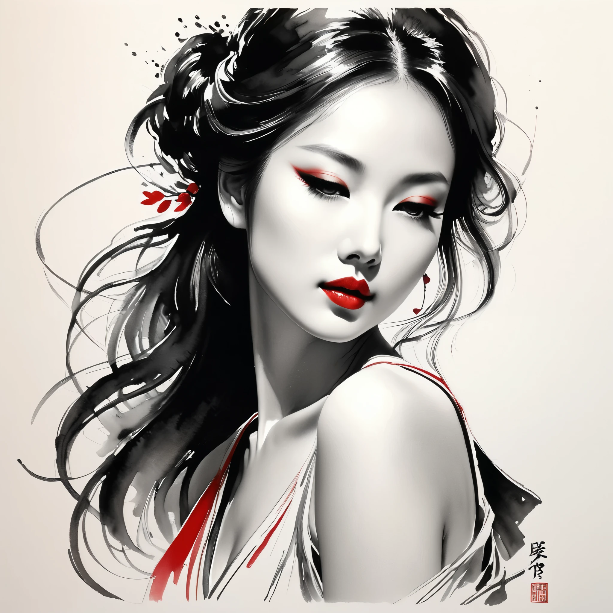 elegant maiden,black and white水墨画,pen sketch drawing,loose brushstrokes, The pen outlines delicate lines,fluid action,subtle ink tones,elegant posture,A peaceful expression,delicate facial features,black and white,clean, small red color .