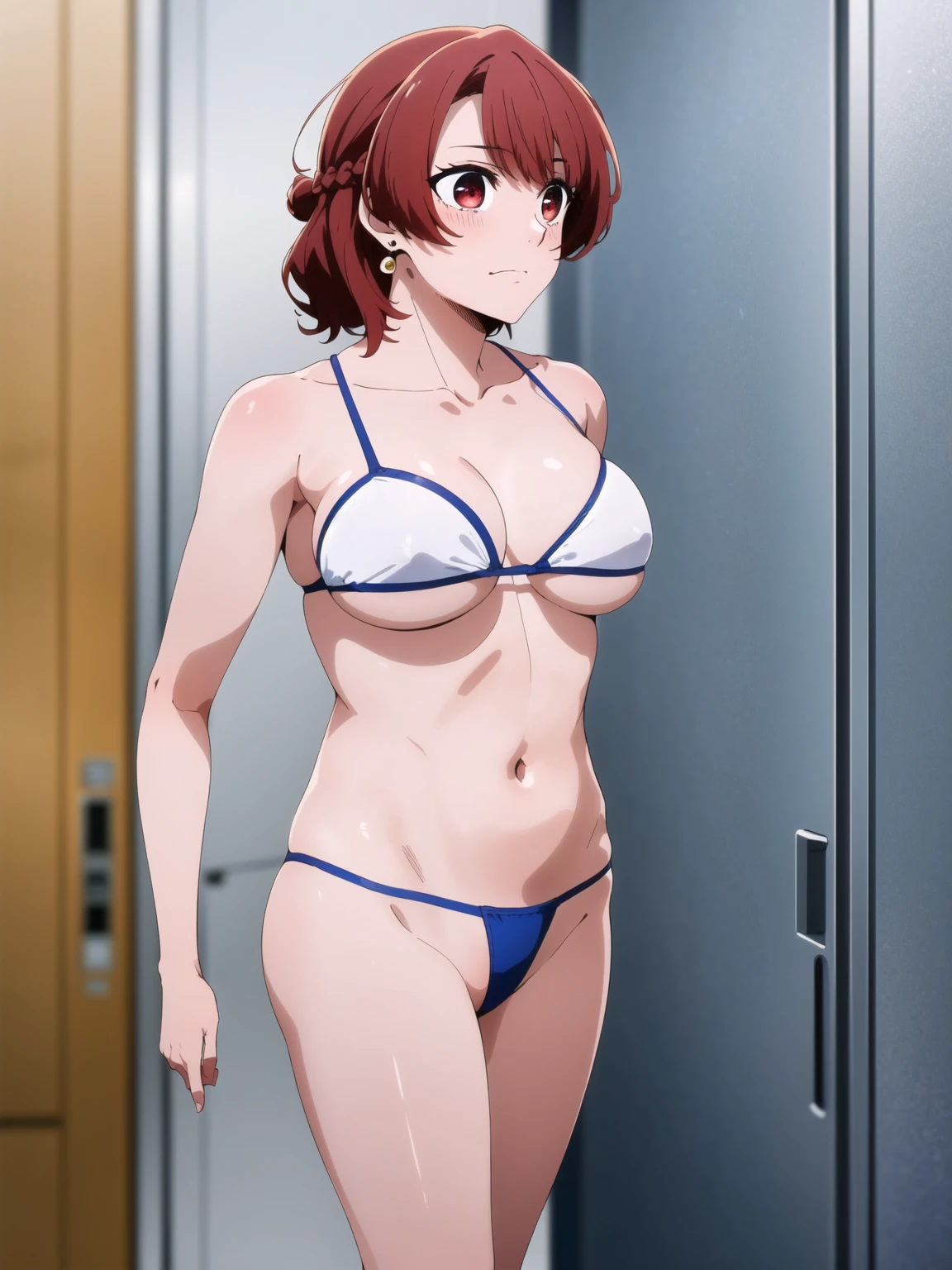 (masterpiece), (Best Quality), starter, One Girl, Alone, Chest, short_hair, 前hair, brown_hair, shirt, red_eye, brown_eye, jewelry, closure_mouth,upper_body, Braiding, red_hair, Earrings,  indoor, hair_good, nsfw、belly button、big 、barefoot、red面、 Embarrassed face 、bikini、((bikini、The background is the seaside、blue sky))