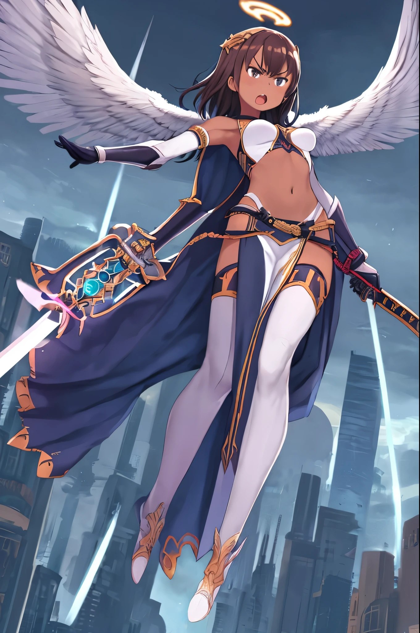 fantasy, 1angel_girl, low_teen, dark_brown_hair,long_bangs, (dark_skin)+ bare_shoulder, navel out, thighhighs,silver_shiny_armor, white_clothes,waist_armor, Glebe, hold_swords_emits_light, medium_breasts, dynamic_flying_pose,Floating, (1pair_white_wings:1.2),(pelvic_curtain:1.3), silver_Headgear ,looking_down_at_sunset_city_sky_background,,slightly_spread_legs, some_swords_emits_light,some_swords_emits_light_floating_around_the_girl,solo,glare_halo,angry,shout,open_mouth,open_legs,open_arms,rise_knee,rise_leg,rise_thigh,rise_leg,forward_leaning_posture,apart_legs,