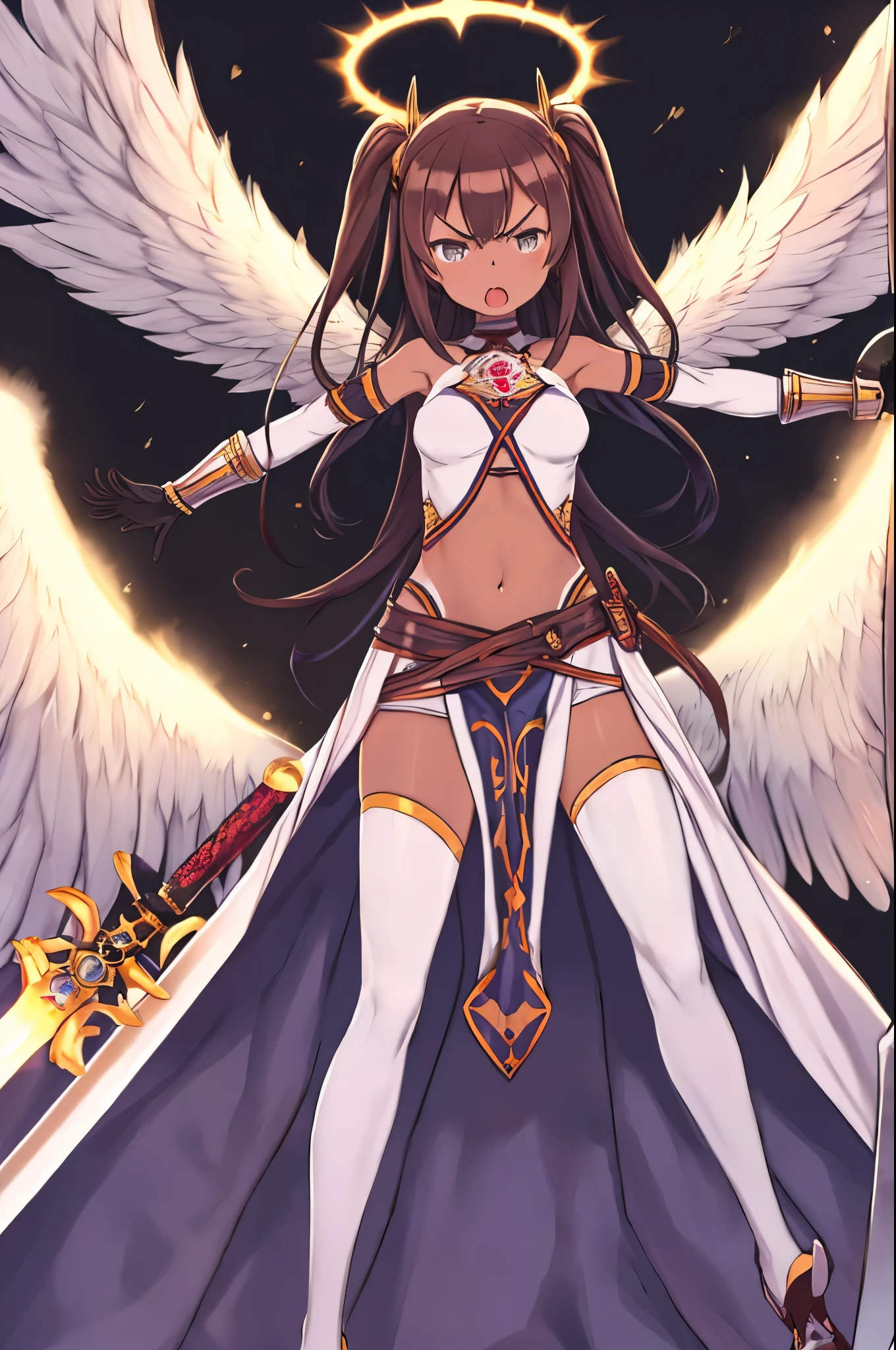 fantasy, 1angel_girl, low_teen, dark_brown_hair,long_bangs, (dark_skin)+ bare_shoulder, navel out, thighhighs,silver_shiny_armor, white_clothes,waist_armor, Glebe, hold_swords_emits_light, medium_breasts, dynamic_flying_pose,Floating, (1pair_white_wings:1.2),(pelvic_curtain:1.3), silver_Headgear ,looking_down_at_sunset_city_sky_background,,slightly_spread_legs, some_swords_emits_light,some_swords_emits_light_floating_around_the_girl,solo,glare_halo,angry,shout,open_mouth,open_legs,open_arms,rise_knee,rise_leg,rise_thigh,rise_leg,forward_leaning_posture,apart_legs,